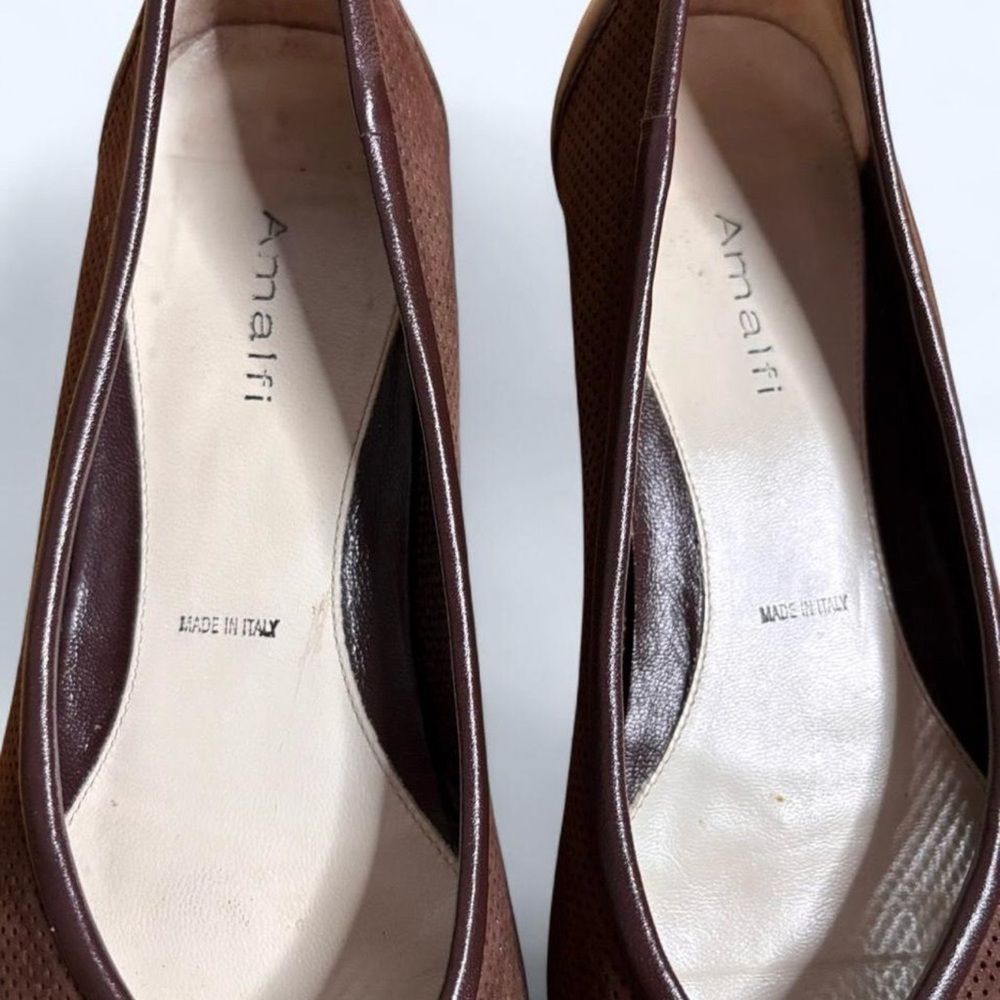 Vintage Italian Amalfi Brown Perforated Leather Peep-Toe Flats - Picture 4 of 5